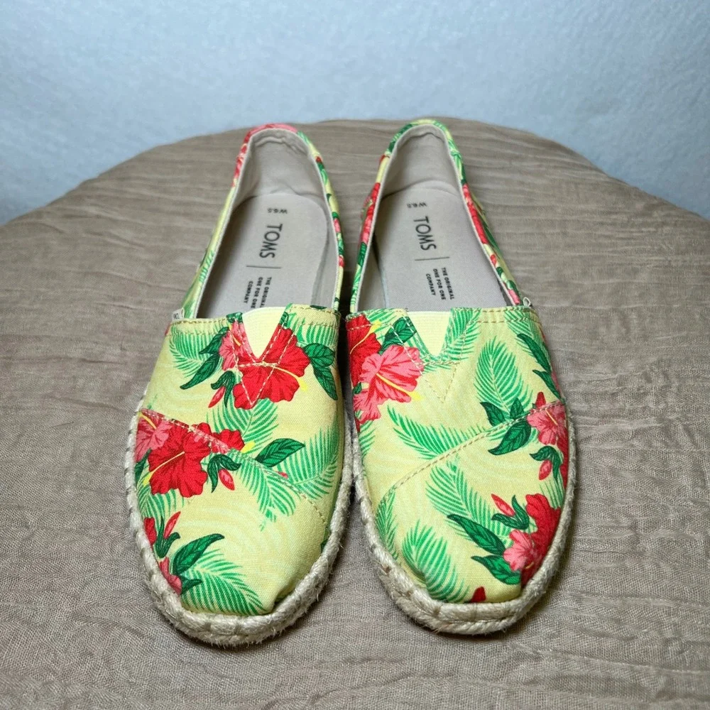 TOMS Alpargata Tropical Hibiscus Floral Vaca Espadrille Slip On Flats Women 6.5